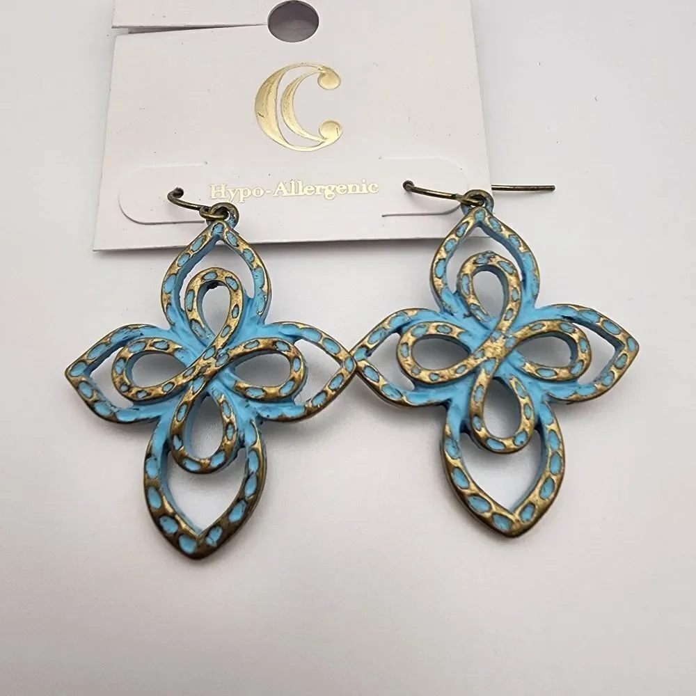 NWT Charming Charlie Blue & Gold Tone Dangling Cross Earrings